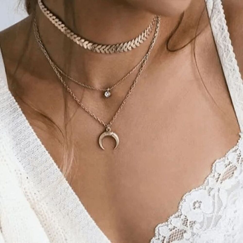 Gold Triple Moon Pearl Necklace